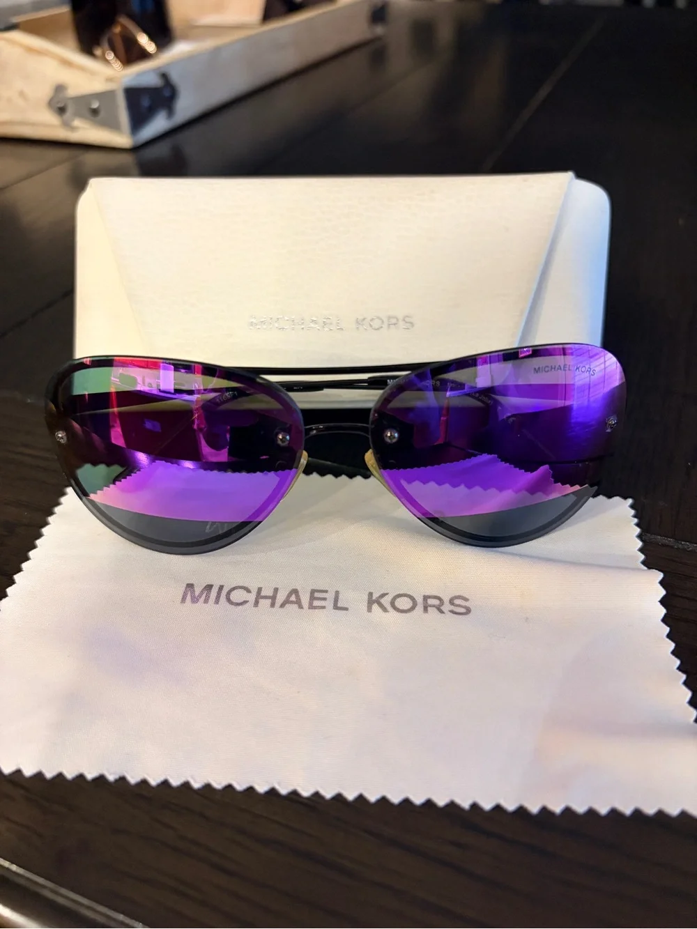 Michael Kors Aviator Sunglasses with Purple Mirrored Lenses